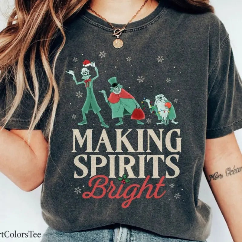 Making Spirits Bright Hitchhiking Ghosts Santa Hat Merry Christmas Haunted Mansion Shirt Family Matching Walt Shirt Gift...