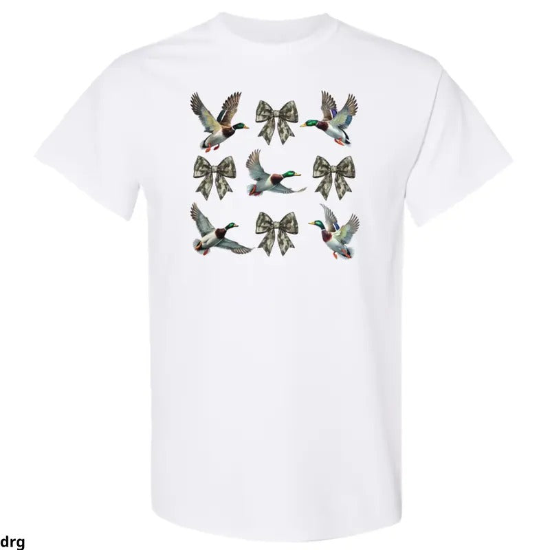 Mallard Duck and Camo Bow T-Shirt, Lightweight and Stylish Hunting-Themed Apparel for Outdoor Enthusiasts, Comfortable  Tee for Everyday Wear