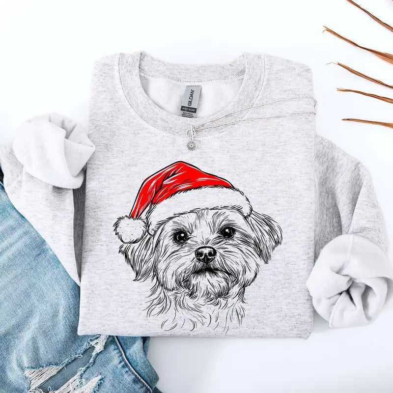 Maltese, Santa, Dog, Christmas, Dog Lover, Pet Sweatshirt, Crew Neck, Women's, Crewneck T-Shirts, Hoodie | DripVista.com