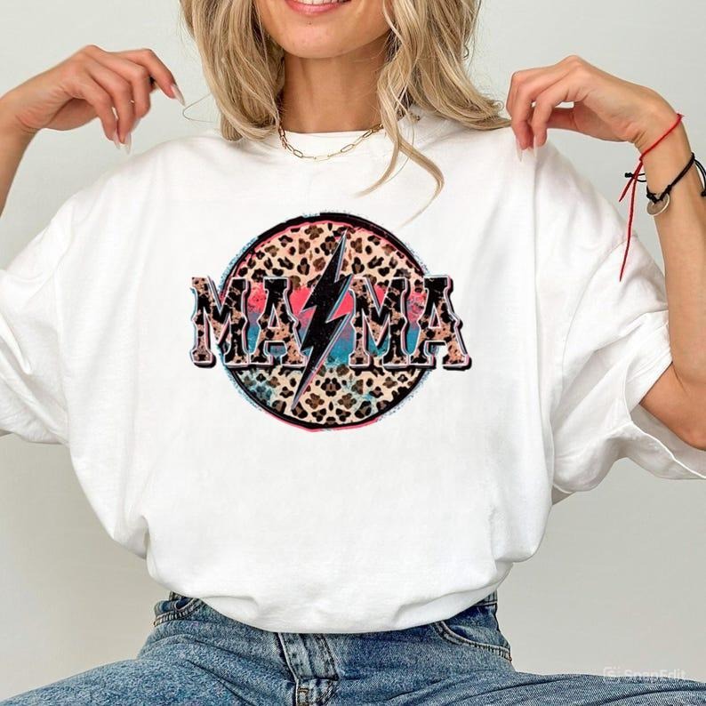 Mama Bleached Shirt Pink Leopard Lightening Bolt Mom Shirt Hoodie, Sweatshirt | DripVista.com