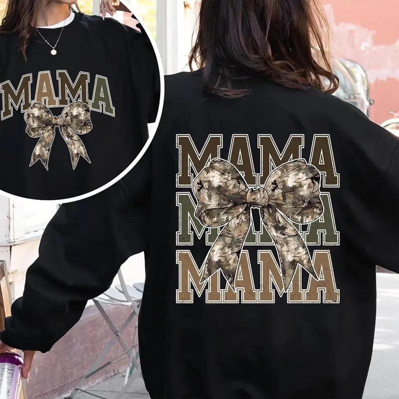 Mama Camo Coquette Bow Sweatshirt, Mama Camo Hoodie, Girls Camo Bow Shirt, Retro Hunting Shirt Gift For Women | DripVista.com