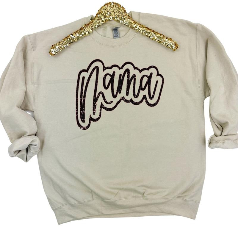 Mama Cursive Distressed Gildan Sweatshirt -- SAND T-Shirts, Hoodie | DripVista.com