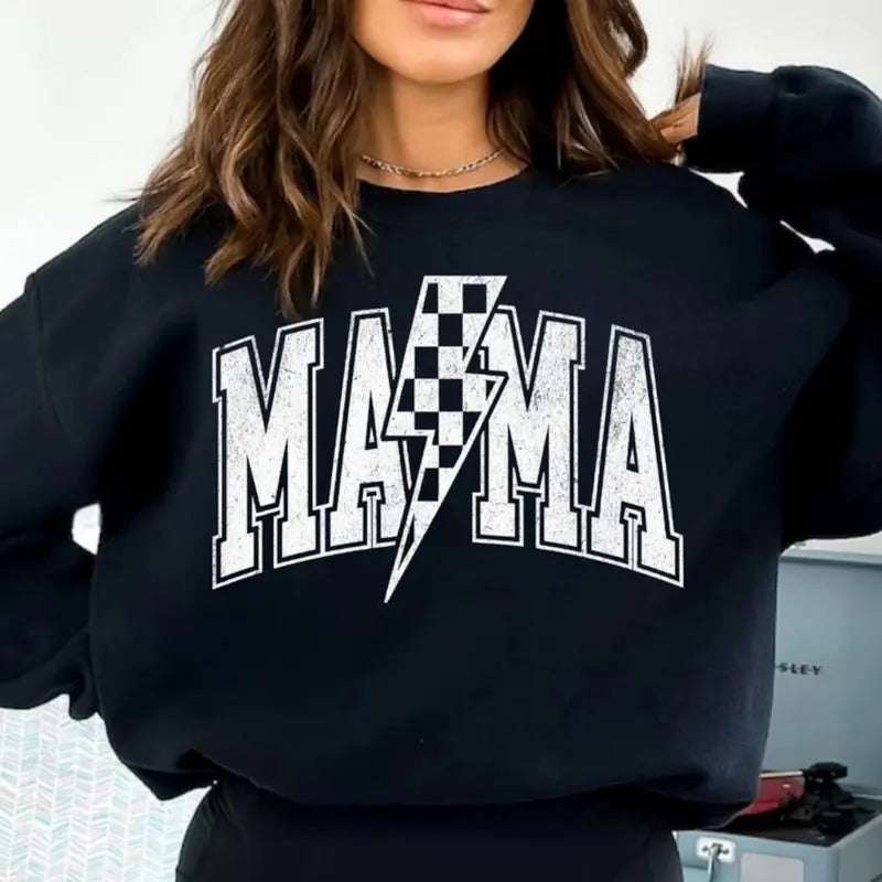 Mama Lightning Bolt Sweatshirt, Mom Life Tee Shirt, Cool Mom Shirt, Checkered Mama T-Shirt, Retro Mom Sweater, Gift For Mom, Mother's Day Gift