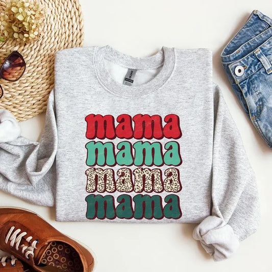 Mama Mama Mama Mama Christmas, Retro, Leopard Print, Winter, Santa, Xmas Sweatshirt, Women's Crew Neck, Crewneck
