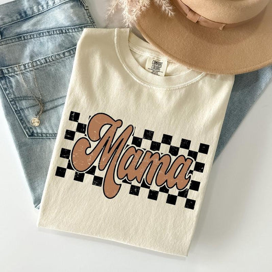 Mama Retro Checkered, Aesthetic, Vintage, Comfort Colors Tshirt, Women's Crew Neck, Crewneck