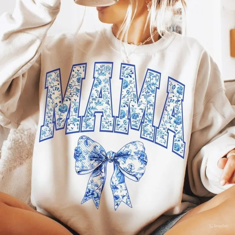 Mama Retro Chinoiserie Coquette Bow Sweater, Mama Coquette Bow Varsity Shirt Hoodie, Sweatshirt | DripVista.com