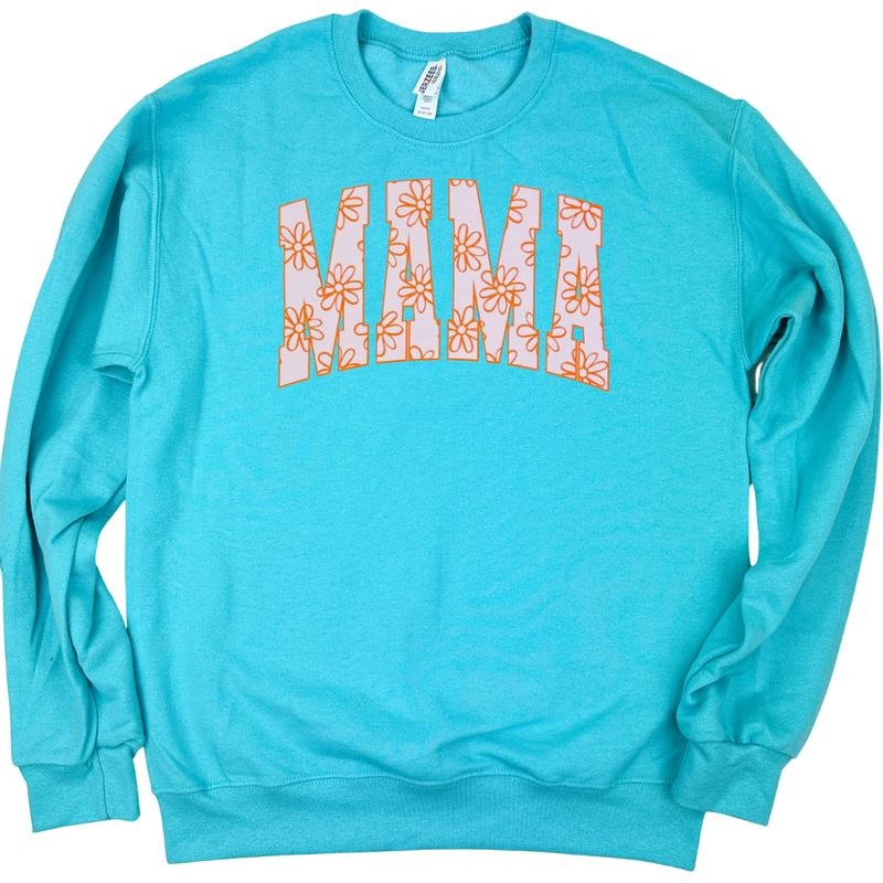 Mama Retro Flowers Gildan Sweatshirt -- SCUBA BLUE T-Shirts, Hoodie | DripVista.com