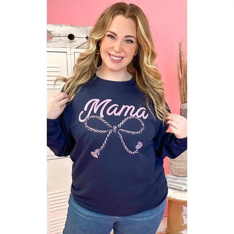 Mama Rope Bow Sweatshirt - Cozy Mom Vibes #MamaRopeBow #MamaSweatshirt #NavyGlow T-Shirts, Hoodie | DripVista.com