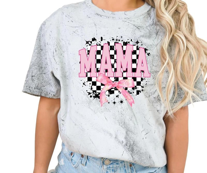 Mama with pink bow and checkers Comfort colors Tee shirt Hoodie, Sweatshirt | DripVista.com