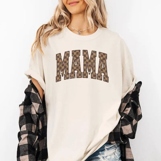 Mama, Brown Checkered, Retro, Varsity, Mother's Day Tshirt, Women's Comfort Colors Tee