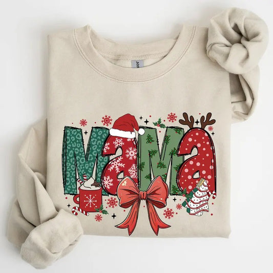 Mama, Christmas Fun, Reindeer, Hot Chocolate, Cake Sweatshirt, Crew Neck, Women's, Crewneck