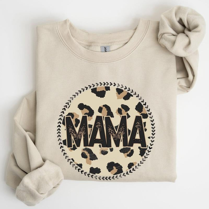 Mama, Leopard Print Circle, Western, Cowboy Sweatshirt, Crew Neck, Women's, Crewneck T-Shirts, Hoodie | DripVista.com