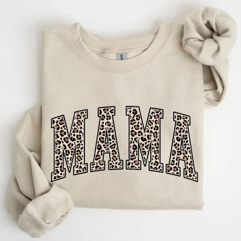 Mama, Leopard Print Sweatshirt, Crew Neck, Women's, Crewneck T-Shirts, Hoodie | DripVista.com
