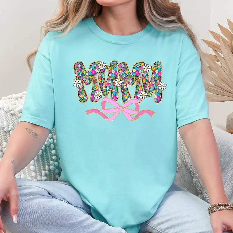 Mama, Mother's Day, Ribbon, Bow, Floral, Flowers, Bright, Colorful, Pastels Tshirt, Women's Comfort Colors Tee Hoodie,...