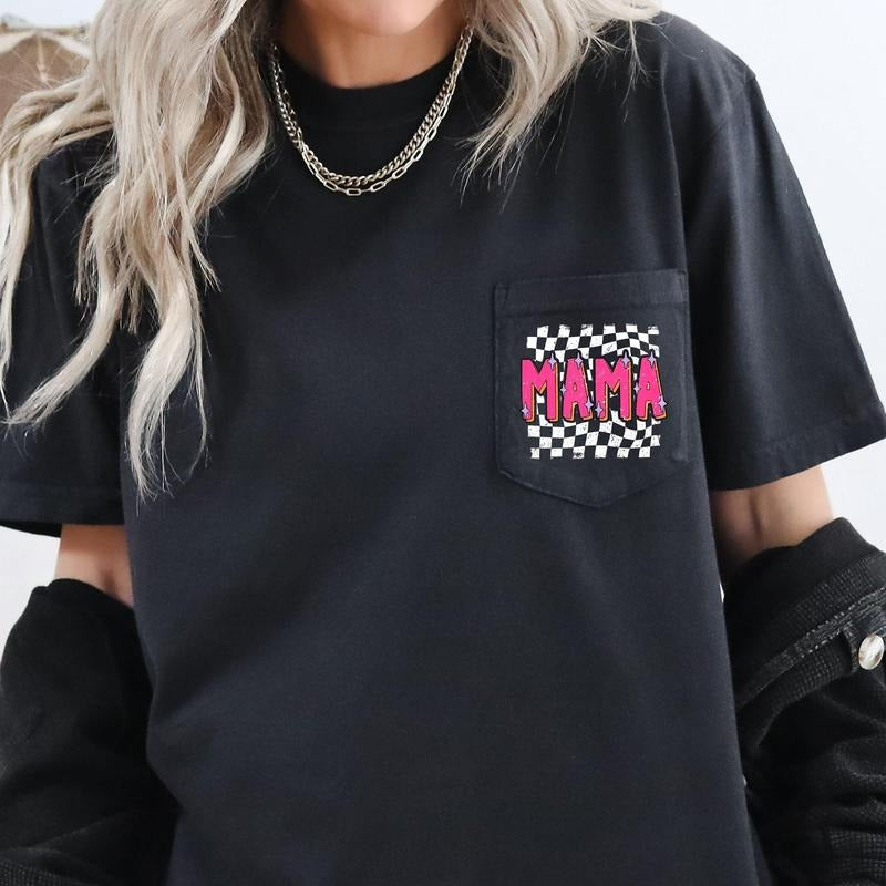 Mama, Retro Checkered, Colorful, Pocket Tee, Women's Comfort Colors Tee Hoodie, Sweatshirt | DripVista.com