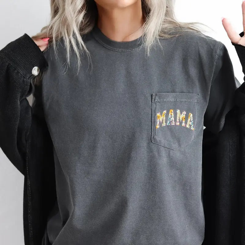 Mama, Retro Floral, Pocket Tee, Women's Comfort Colors Tee Hoodie, Sweatshirt | DripVista.com