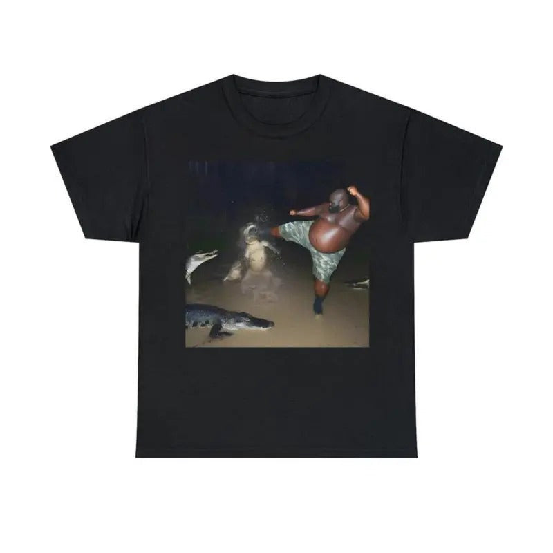 Man Kick Alligator In Swamp Shirt Tee, Gator, Crocodile, funny, viral, meme tshirt, Round Neck Streetwear Hoodie, Sweatshirt