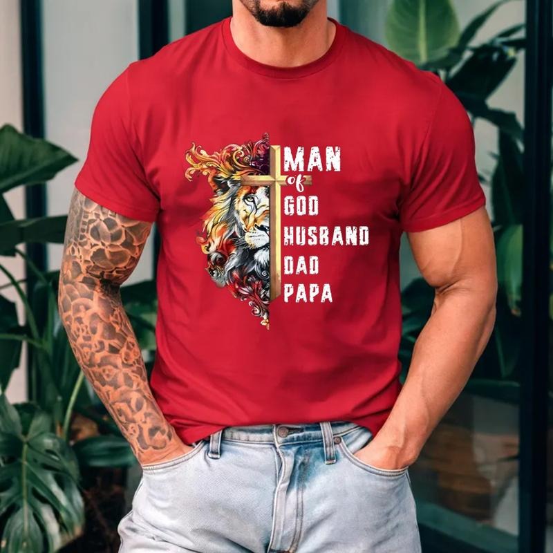 Man Of God Christian Lion T-Shirt Shirt Casual Style Crew Neck Short Sleeve T-Shirt Tops Trendy for Unisex, Perfect Gift