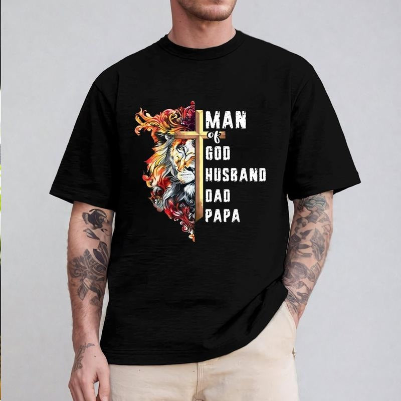 Man Of God Husband Dad Papa Father's Day T-Shirt Casual Style Crew Neck Short Sleeve T-Shirt Tops Trendy for Unisex, Perfect Gift