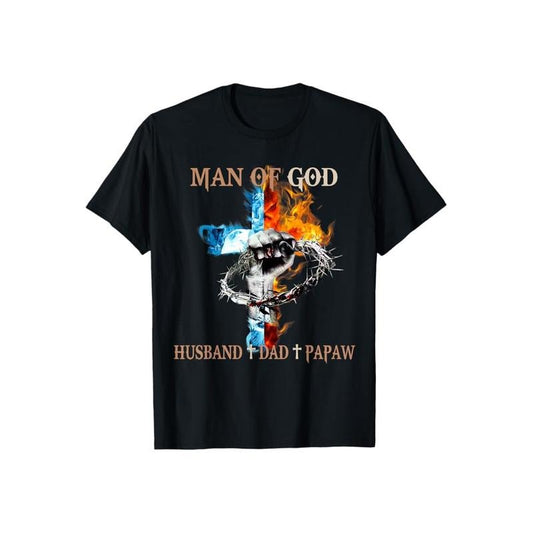 Man Of God Husband Dad Papaw Father's Day TShirt  Casual Style Crew Neck Short Sleeve T-Shirt Tops Trendy for Unisex, Perfect Gift