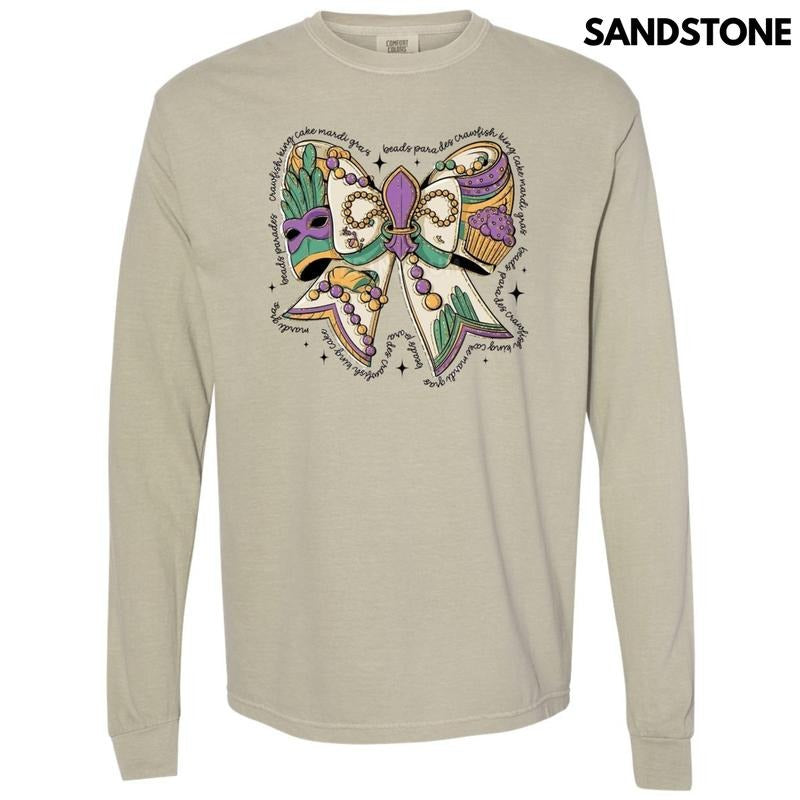 Mardi Gras Theme Bow Long Sleeve Comfort Colors T-Shirt Hoodie, Sweatshirt | DripVista.com