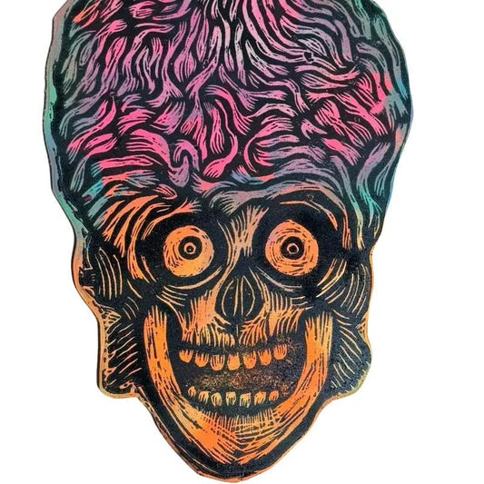 Martian Skull Woodcut Printed on Painted and Shaped Wooden Panels Decor Hand Wall