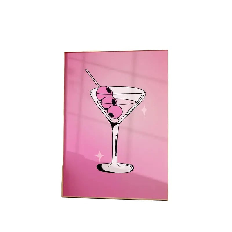 Martini, Espresso Martini, 'tini Time, Dirty Martini Retro Wall Decor, Pink Illustration, Doodle Cocktail Preppy Decor...