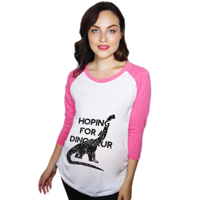 Maternity Raglan Hoping For A Dinosaur Cute Funny Pregnancy Baseball Tee Maternity Shirts Long Sleeve Funny Dinosaur...
