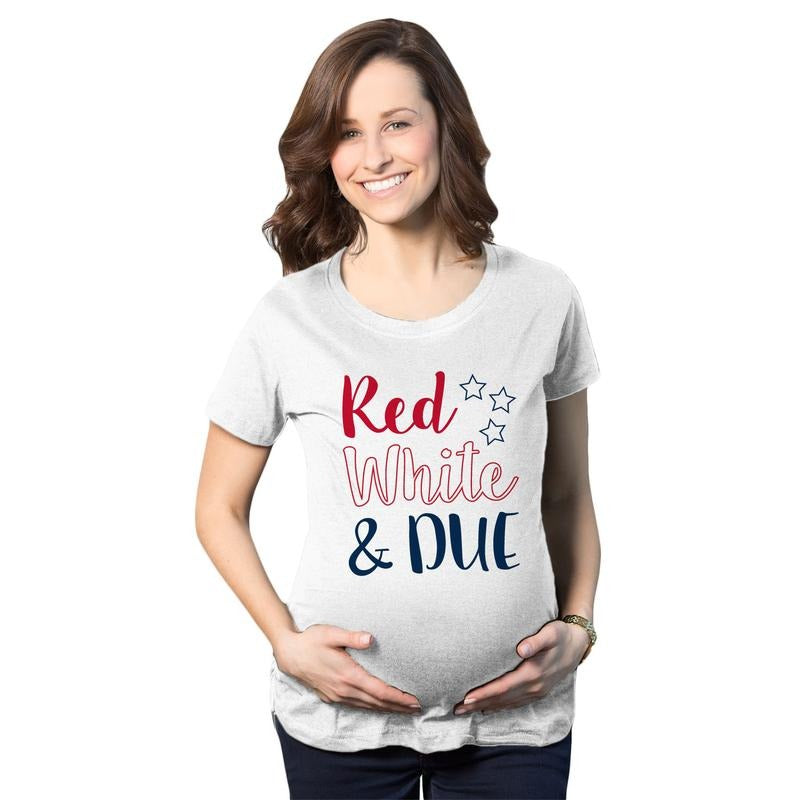 Maternity Red White and Due Pregnancy T Shirt Cute Patriotic Baby Tee for Baby Bump Funny Graphic Maternity Tee Cute...