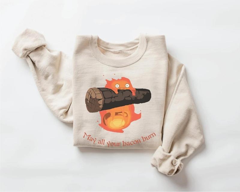May All Your Bacon Burn Calcifer Sweatshirt, Studio Ghibli Miyazaki Tee, Howls Moving Castle Anime Shirts Menswear Hoodie
