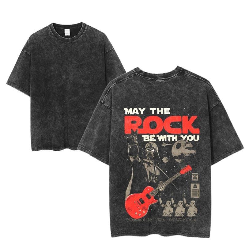 May The Rock Be With You Graphic Tee - Guitar Parody Shirt, Vintage Star Band Style, Casual Crew Neck, Medium, Fitted, Cotton, Machine Washable - Menswear, Top