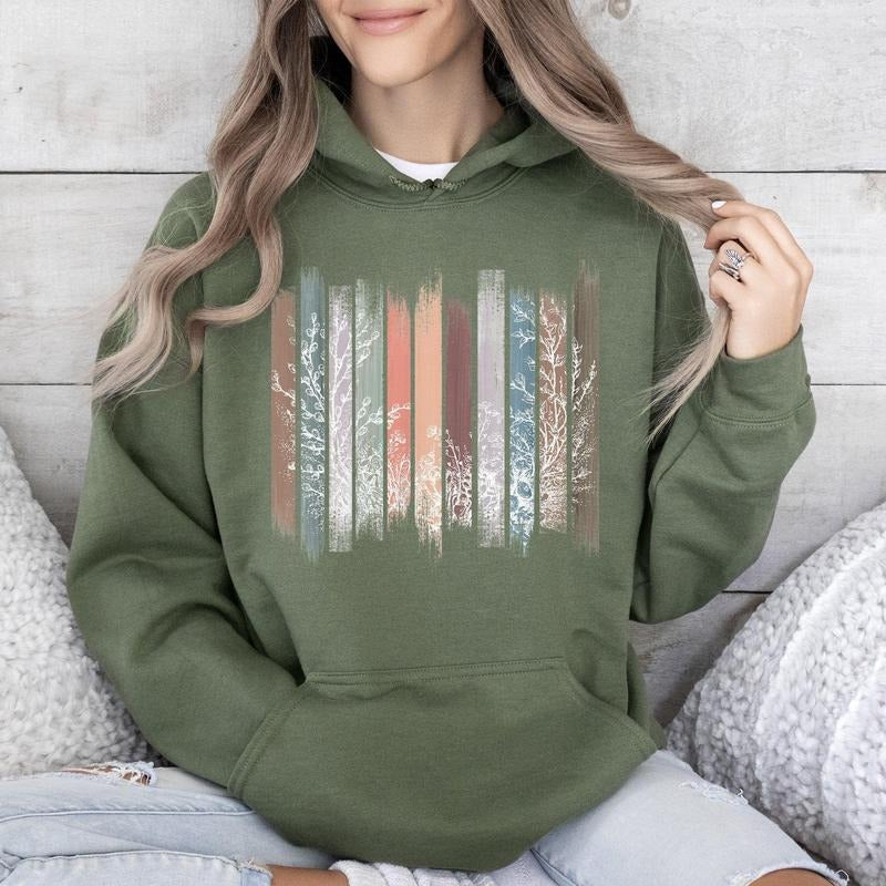 Meadow Vines, Flowers, Nature, Botanical Stripes Hoodie T-Shirts, Sweatshirt | DripVista.com