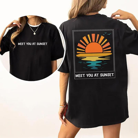 Meet You At Sunset Vintage Tee, Sunset Rays Wavy Graphic Tee Women, Sunshine Unhinged Shirts For Women, Beachy Vibes Shirt For Women, Sun Rays Summer Time Outfit, Mom Summer Outfits, Women's Tops, Womenswear, Cotton Fabric Relaxed Fit Chic Style