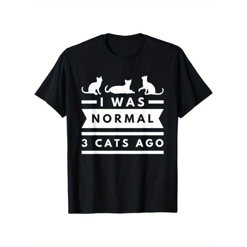 Men'S 100% Cotton Casual T-Shirt with "I Was Normal 3 Cats Ago" Print, Crew Neck, Loose Fit, Medium Stretch Knit Fabric,...