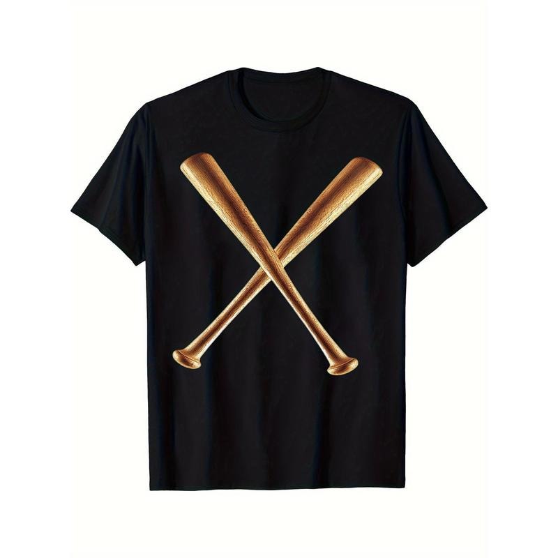 Men'S 100% Cotton Knit Fabric T-Shirt with Crossed Baseball Bats Print, Regular Fit Crew Neck Top for Casual, Sports, and Outdoor Activities - All Seasons Wear made in usa