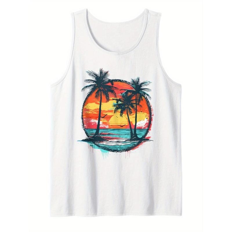 Men'S 180G Sleeveless Beach Palm Print Crew-Neck Tank Top T-Shirts, Hoodie, Sweatshirt | DripVista.com