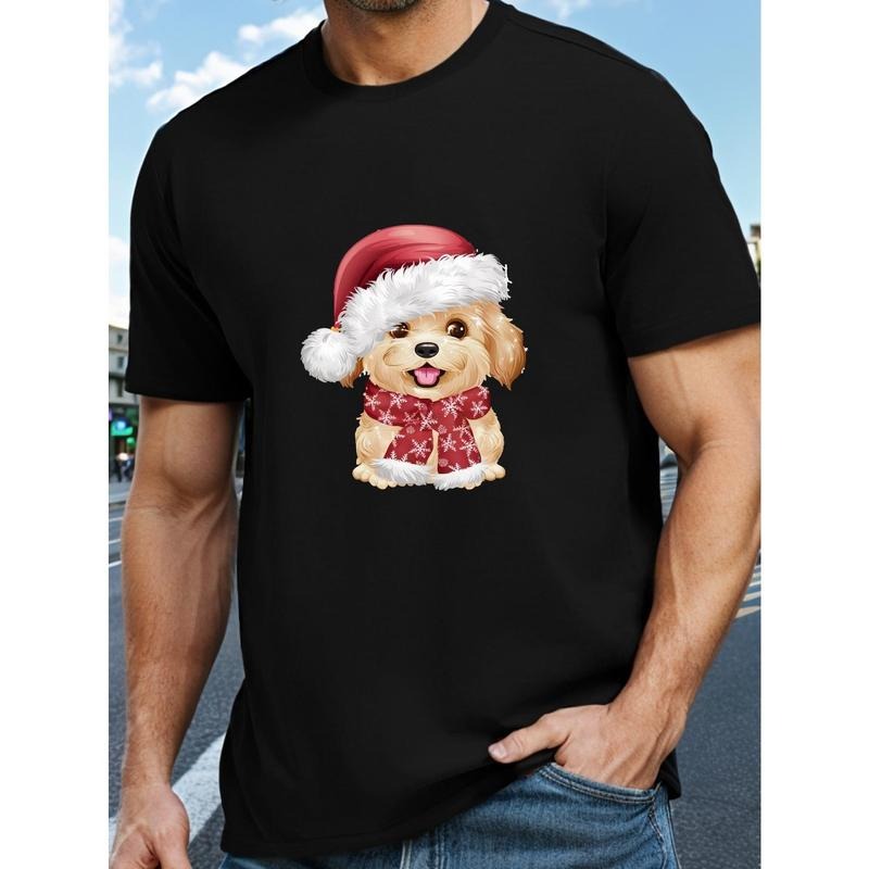 Men'S Casual Christmas Tee, Cute Dog in Santa Hat Graphic, Polyester Short Sleeve T-Shirt, Round Neck, Summer Top for...