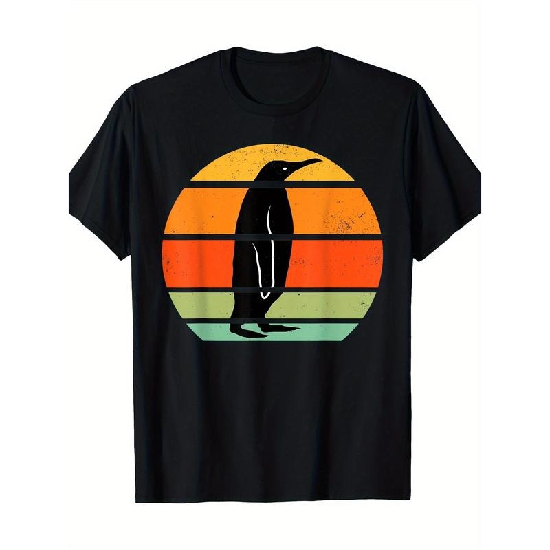 Men'S Casual Cotton T-Shirt with Retro Penguin Geometric Print, Round Neck, Short Sleeve, Regular Fit, Digital Heat Transfer Design, All Seasons -100% Cotton Made in USA