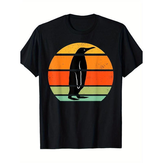 Men'S Casual Cotton T-Shirt with Retro Penguin Geometric Print, Round Neck, Short Sleeve, Regular Fit, Digital Heat Transfer Design, All Seasons -100% Cotton Made in USA