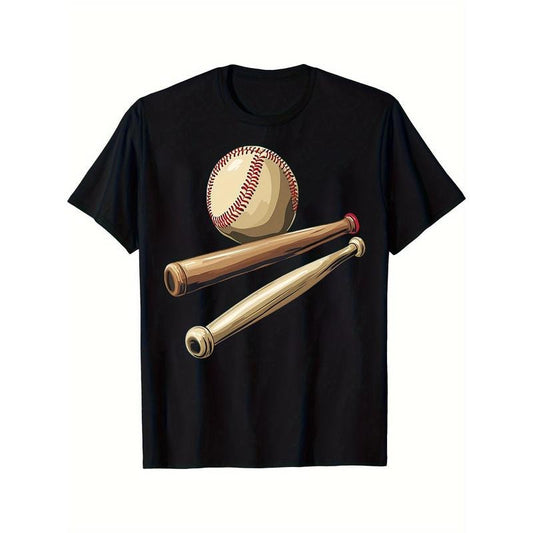 Men'S Crew Neck Baseball Graphic T-Shirt - 100% Cotton Knit Fabric, Regular Fit Casual Top with Crossed Bats & Ball Design for All Seasons, Slight Stretch, Suitable for Sports, Beach, Hiking, Party - Short Sleeve Tee for Comfort & Style made in usa