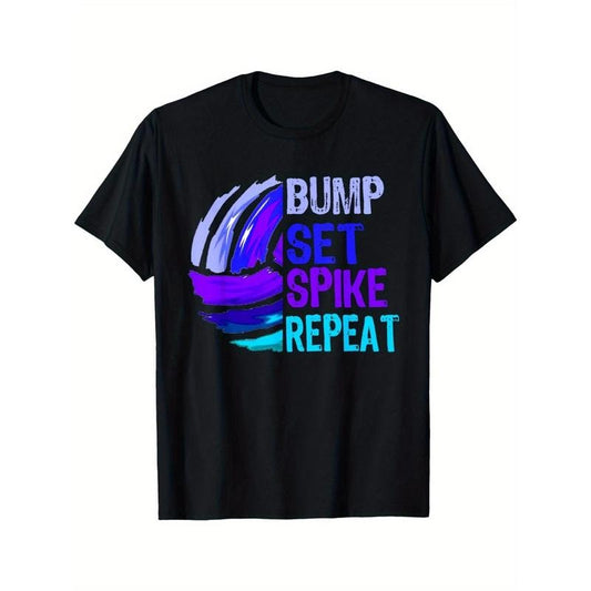 Men'S Volleyball Inspired T-Shirt - Cotton Crew Neck with Slight Stretch, All-Season Knit Fabric, Casual Printed Tee with "Bump Set Spike Repeat" Motif, Regular Fit for Sports Enthusiasts made in usa