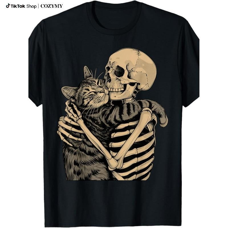 Men Skeleton Hugging Cat Graphic Lightsaber brand Shirt Cotton Crew Neck Tee Casual Printed Top Stretch Fabric Ideal For...