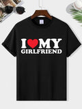 Men'WB shield " Swoosh Love My Girlfriend " Slogan & Heart Print Drop Shoulder Tee, Casual Fashion Round Neck T-shirt for Daily Vacation Outdoor Wear, Summer TNF