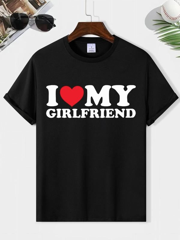 Men'WB shield " Swoosh Love My Girlfriend " Slogan & Heart Print Drop Shoulder Tee, Casual Fashion Round Neck T-shirt for Daily Vacation Outdoor Wear, Summer TNF
