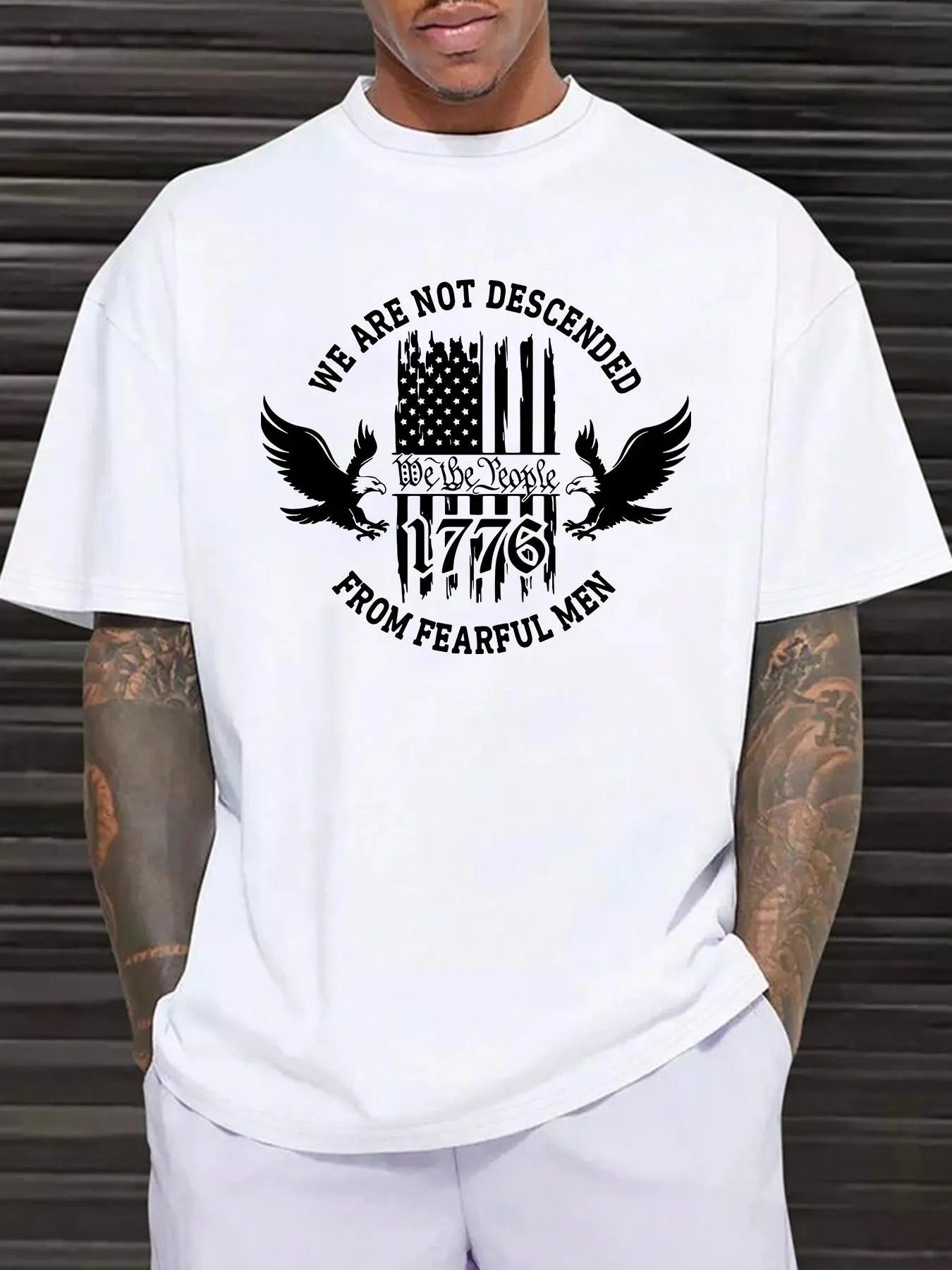 Men'WB shield "1776" & Flag Print Drop Shoulder Tee, Regular Fit Casual Eagle & Letter Print Round Neck T-shirt, Men'WB...