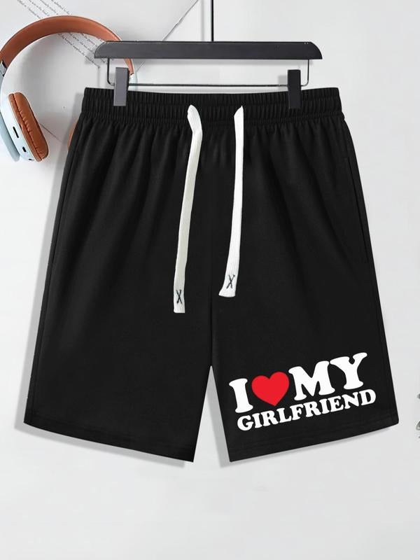 Men'WB shield "Swoosh Love My Girlfriend" Letter & Heart Print Drawstring Waist Shorts, Regular Fit Casual Summer Shorts,...