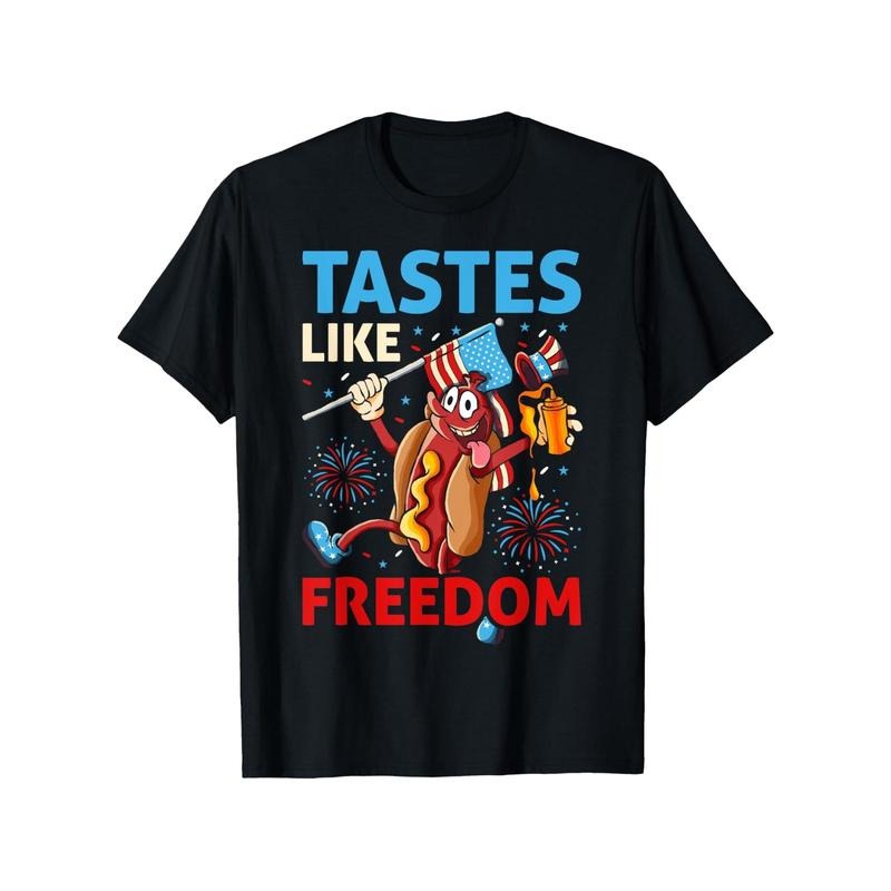 Men'WB shield 100% Cotton Patriotic T-Shirt - Uncle Sam Hot Dog & Fireworks Design with "Tastes Like Freedom" Slogan,...