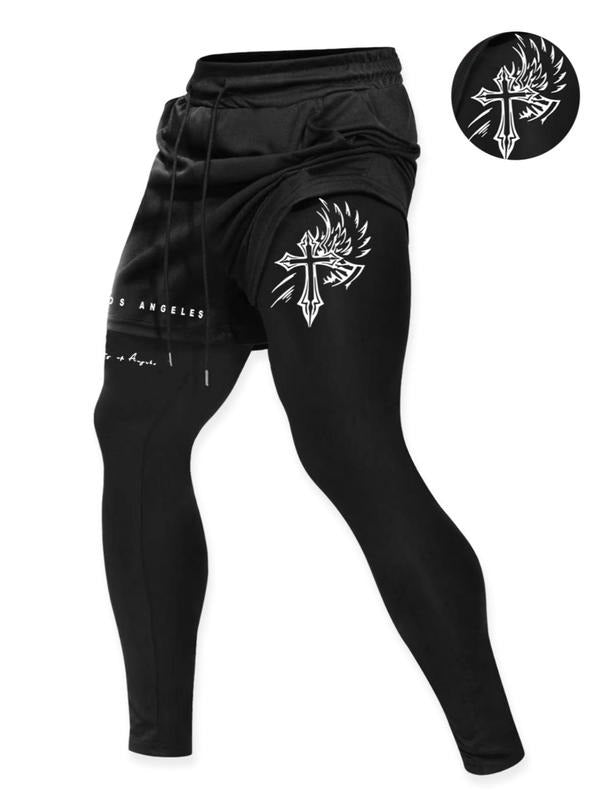 Men'WB shield 2 Red plumber brand Swoosh Cross & Letter Print Drawstring Waist Skinny Pants, Casual Comfy Elastic Waist Pocket Trousers for Fall & Winter, Men'WB shield Bottoms for Daily Wear