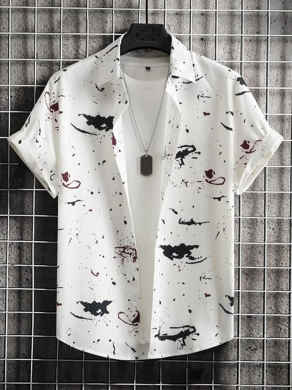 Men'WB shield 2024 Trendy Random Print Summer TNF, Button Front Shirt without Tee & Necklace, Street Casual Short Sleeve...