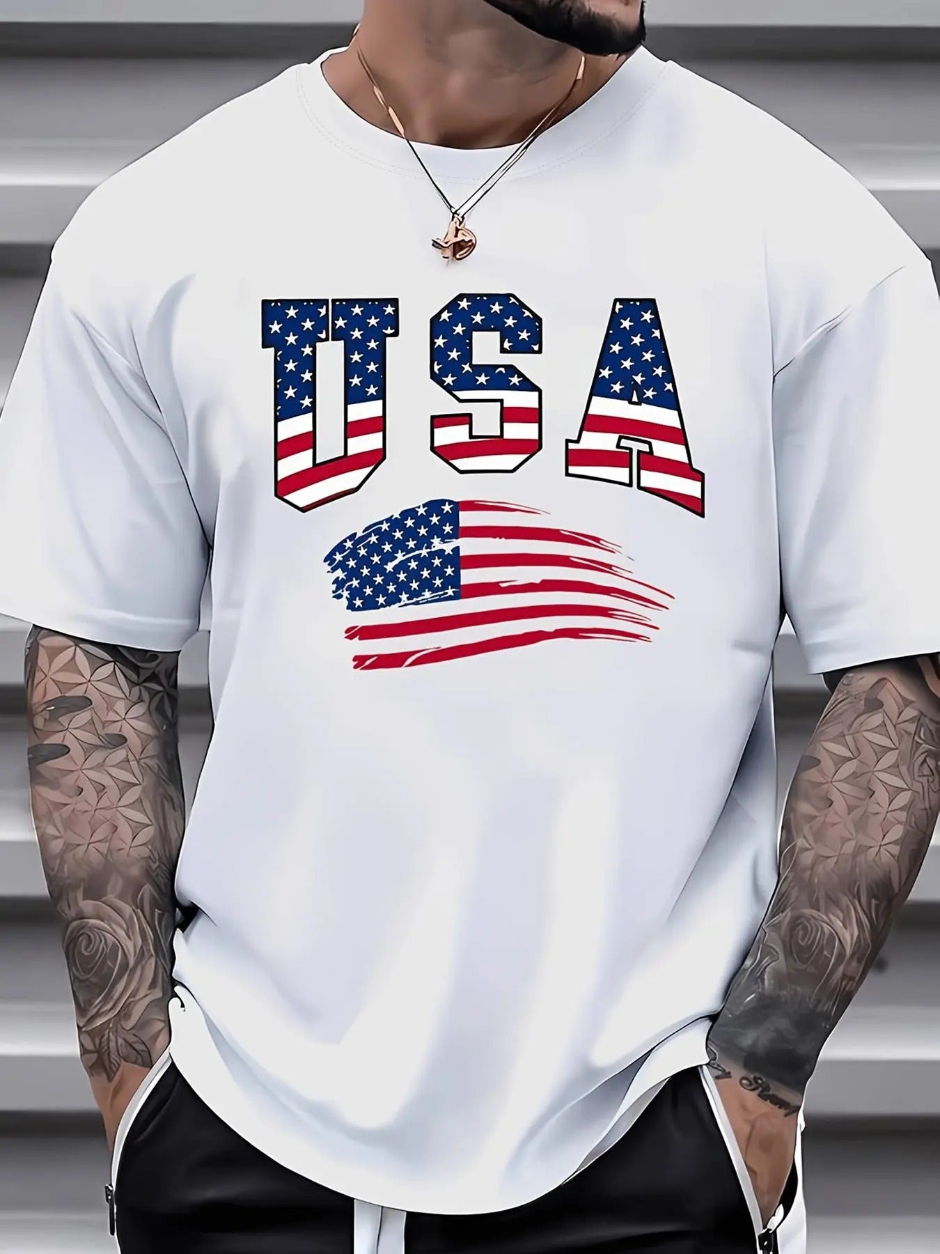 Men'WB shield American Flag & Letter Print Short Sleeve Tee, Regular Fit Casual Fashion Round Neck T-shirt for Summer,...